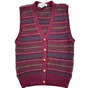 Vintage Tricots St. Raphael 100% Virgin Wool Sweater Vest Leather Button Front